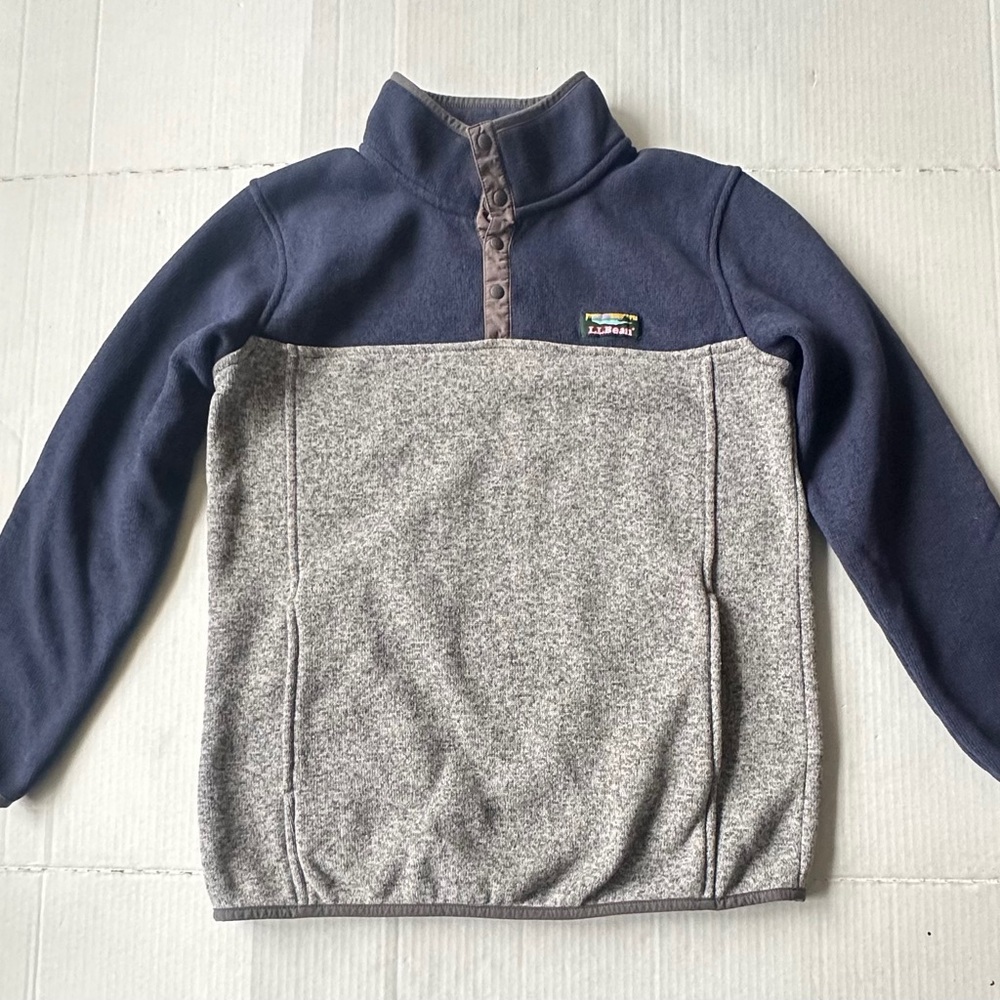 LL Bean Boys L14/16 Colorblock Navy Gray Knit Sweater Fleece Snaps Pullover